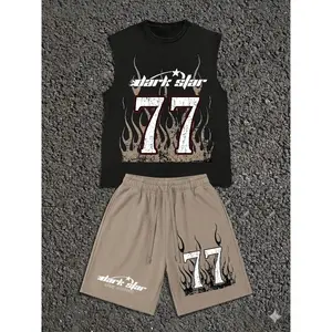 GENIUS ODE Men's Streetwear Number 77 Print Top And Shorts Set, Loose Fit Two Pieces Outfit For Summer