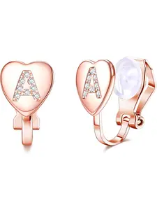Heart Initial Clip-on Earrings for Women - Rose Gold Plated Dainty Alphabet Letters A-Z Non Pierced Studs