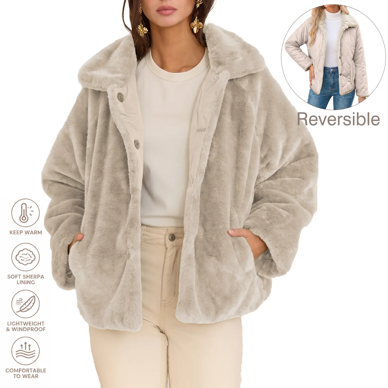 Women’s Reversible Puffer Jacket, 2-in-1 Long Sleeve Warm Coat with Collar & Pockets, Loose Fit Casual Winter Outerwear for Everyday Wear
