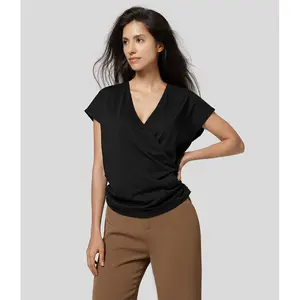 Halara V Neck Cap Sleeve Crossover Ruched Solid Work Blouse