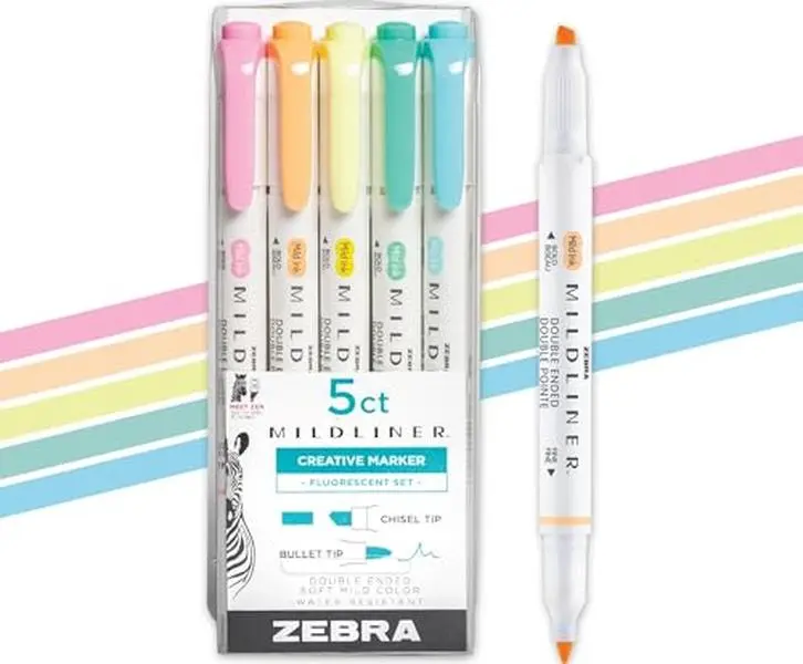 Zebra Pen MILDLINER No Bleed Highlighter, Assorted, Dual Tip, 5-Pack