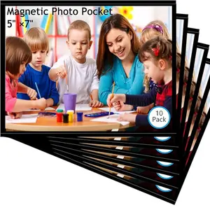 10 Pack 5"x7" Premium Magnetic Picture Pockets Frames with Black Holds 5 x 7 inches Photo for Refrigerator