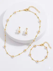 Floral Pearl, Fashion Jewelry Set, Featuring a Daisy Design, for Women, Perfect for Daily Wear and Gifting, Includes Necklace, Bracelet, Earrings, Suitable for Weddings, Birthday, Tea Parties
