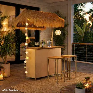 ARCH GO Hawaiian-Style Bar Height Patio Furniture Set, Weatherproof Outdoor Bar Table with Acacia Wood Top & PE Grass Canopy, Stools with Adjustable ft & Storage Space, for Entertaining Gatherings, Natural Finish