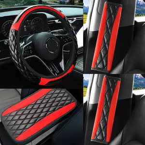 4pcs PU Leather Steering Wheel Cover Set with Armrest Box Mat & Seat Belt Shoulder Protector for Car Interior Protection and Decoration High-Quality Soft Comfortable Texture Easy Install Remove
