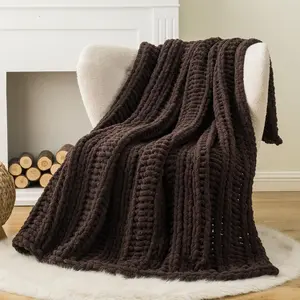 Chunky Knit Throw Blanket for Couch,  Hand Made Chenille Throw Blanket, Super Soft Warm Cozy Brown Blanket for Bed, Sofa, Living Room, 50"x60"