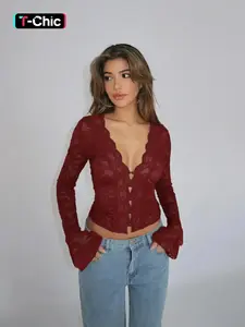 Women's Plain Scallop Trim Button Front Flounce Sleeve Lace Top, Casual V Neck Long Sleeve Top for Fall & Winter, Women's Clothing for Daily Wear Valentine's Day, Gift,  Going Out Tops