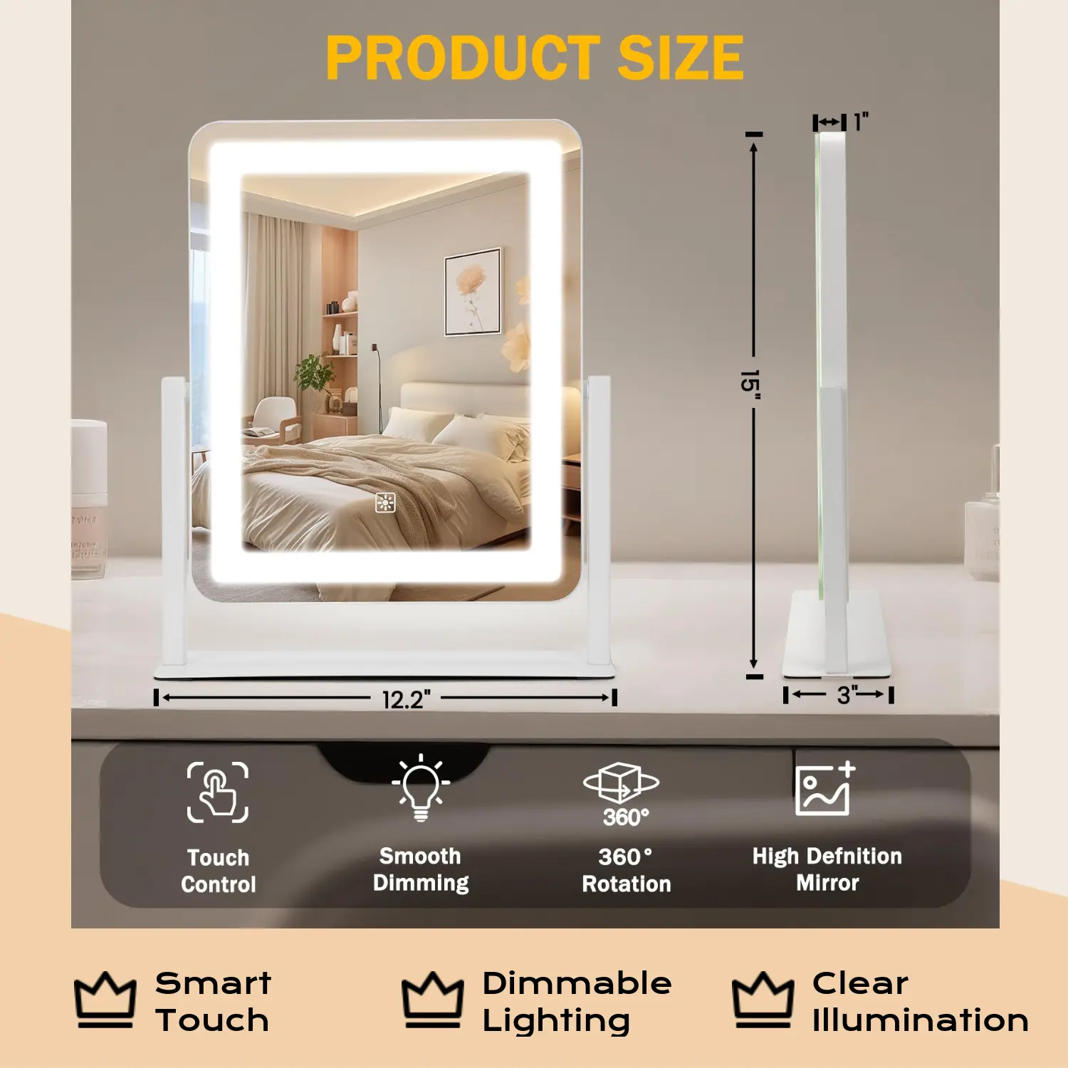Vanity Mirror with Lights 12.6"×15" LED Makeup Mirror Smart Touch Control Dimmable 3 Modes Light for Makeup Desk Bedroom Dressing Room