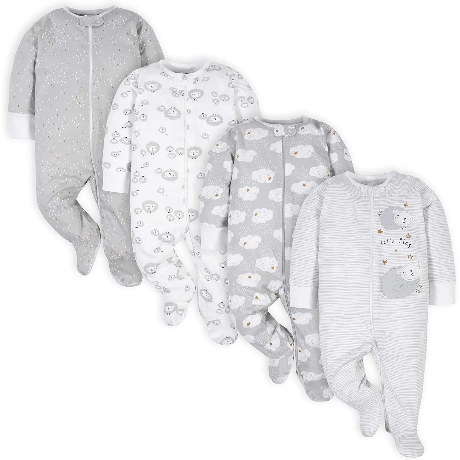 4 Pack Baby Neutral Sheep Sleep N Plays Unisex Infant Onesies Sleeveless Bodysuits for 0 3 6 Months