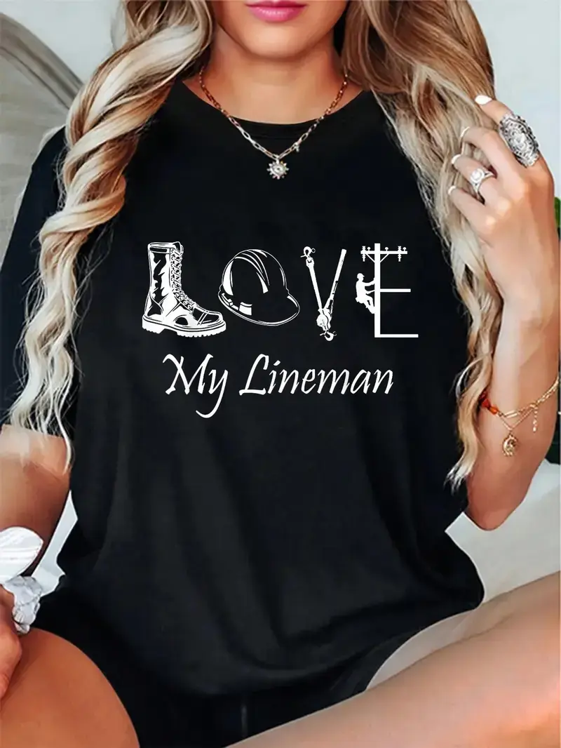 100% Cotton Love My Lineman Wife Husband Lineworker Girlfriend Linesman T-Shirt, Gift For Her