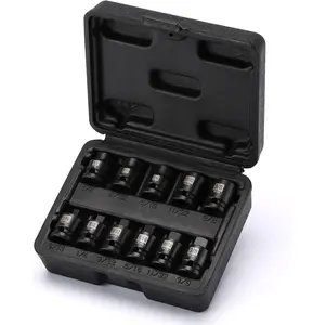 11 count 3/8" Drive Pipe Plug Socket Set, SAE, CR-MO, Tapered Male Square Drive- 3/16 Inch to 3/8 Inch, Chamfered Female Square Drive- 1/4 Inch to 3/8 Inch, 11 count Set