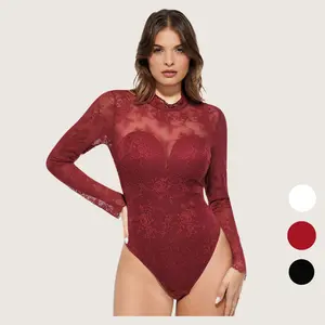 ​​Popilush Deep V-Neck Long Sleeve Bodysuit - Sheer Lace Turtleneck with Built-in Bra & Tummy Control​ Casual Womenswear Essential Breathable