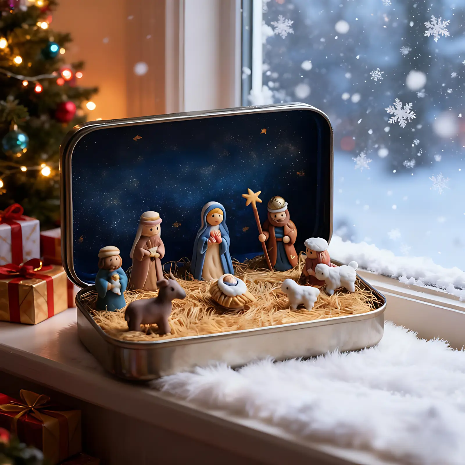 1pc Mini Christmas Nativity Set In Tin Box Mini Holy Family Figurines Religious Christmas Decor Gift for Family,Suitable as birthday gifts, Christmas, Halloween, Thanksgiving and New Year gifts