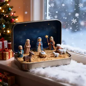 1pc Mini Christmas Nativity Set In Tin Box Mini Holy Family Figurines Religious Christmas Decor Gift for Family,Suitable as birthday gifts, Christmas, Halloween, Thanksgiving and New Year gifts