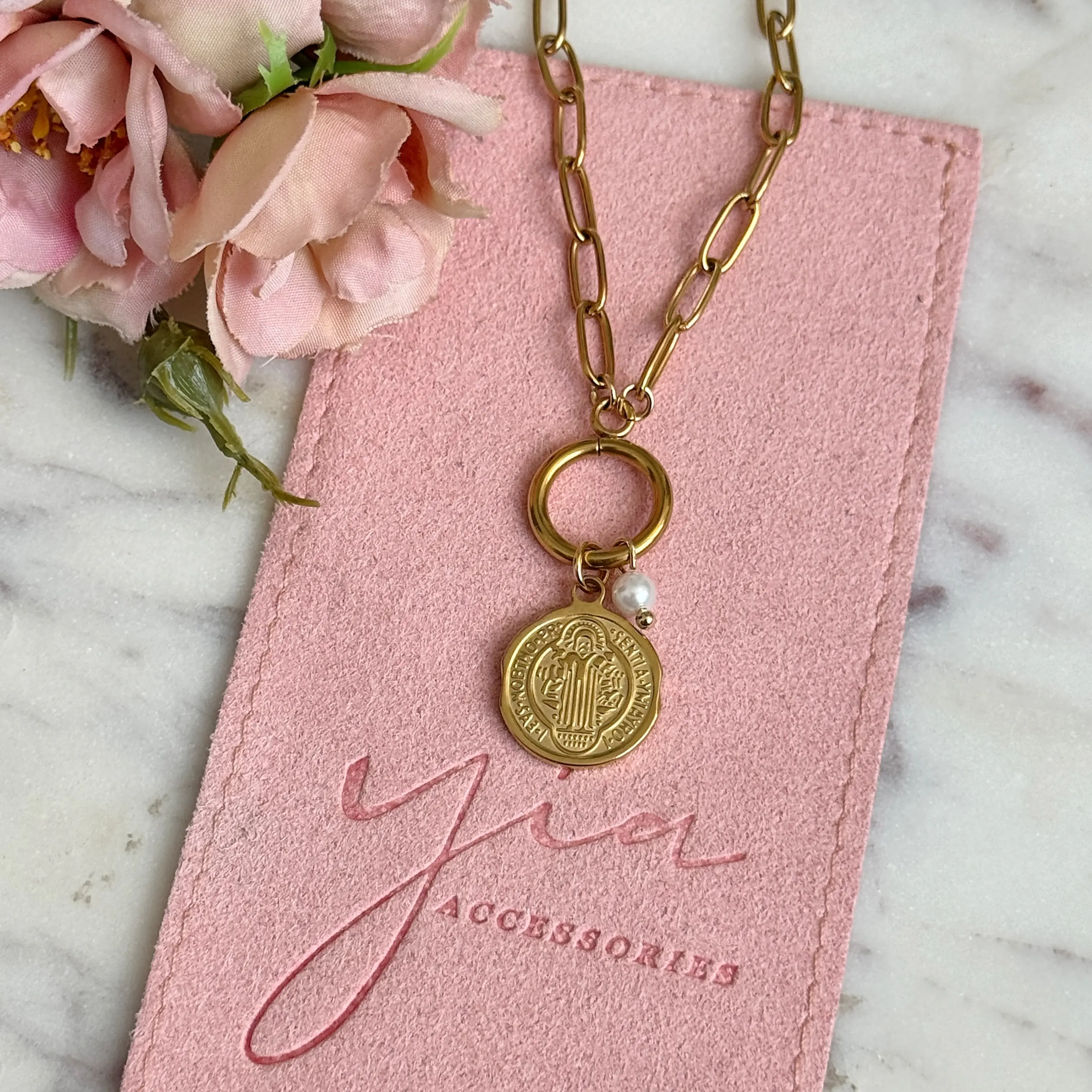 Gold-Tone Saint Benedict Medal Necklace, Unisex Stainless Steel Religious Pendant with Adjustable 21.5in to 23.5in Chain