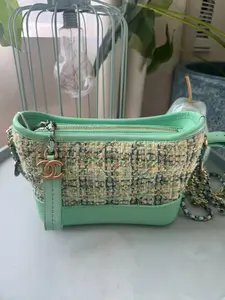 Pre-owned CHANEL fabric Crossbody Bags Small Gabrielle Hobo Bag in Green Tweed and Leather with Gold Chain Strap Classic Logo Charm