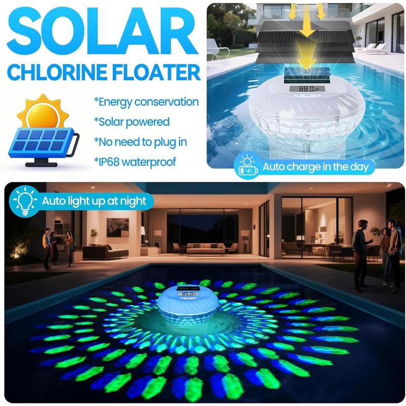 2025 Upgraded Pool Chlorine Floater with Thermometer,Digital Screen Solar Chlorines Floaters with Light, Chlorine Floater with Adjustable Release,Floating chlorines Dispenser for Pool,Hot Tub