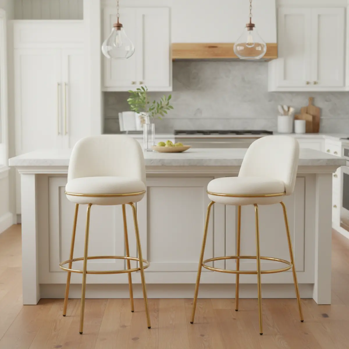 Rio Claro Contemporary Without Arms Indoor Metal Upholstered Barstool Set (2 Seats) - Gold-Plated Base, Stain Resistant Beige Fabric, Round Shape, 20.25x18.75x37.75 in, 300lbs Capacity, Requires Assembly, for Home Bar, Cafes