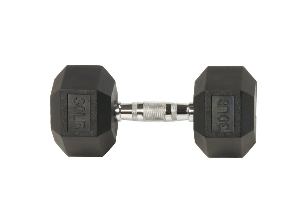 Rubber Encased Hex Dumbbell, Anti-Roll, Black, 30 lb, Assembled Product Weight, Single Rubber Encased Hex Dumbbell, Anti-Roll, Black, 30 lb, Assembled Product Weight, Single
