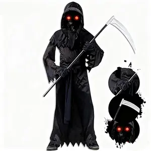Grim Reaper Halloween Costume – Glowing Red Eyes (Lights Up in the Dark), Scythe Included, Scary Outfit for Halloween Role Play & Dress-Up Parties Black Accessory（gift）