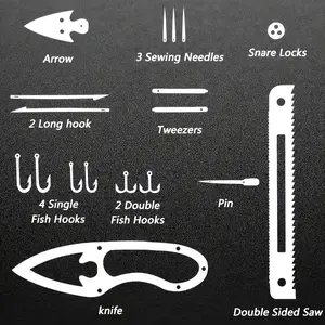 Emergency Survival Tool Card Set, Multifunctional Outdoor Camping Kit, Stainless Steel Fishing Gear & Hook Template Table, Silver Color