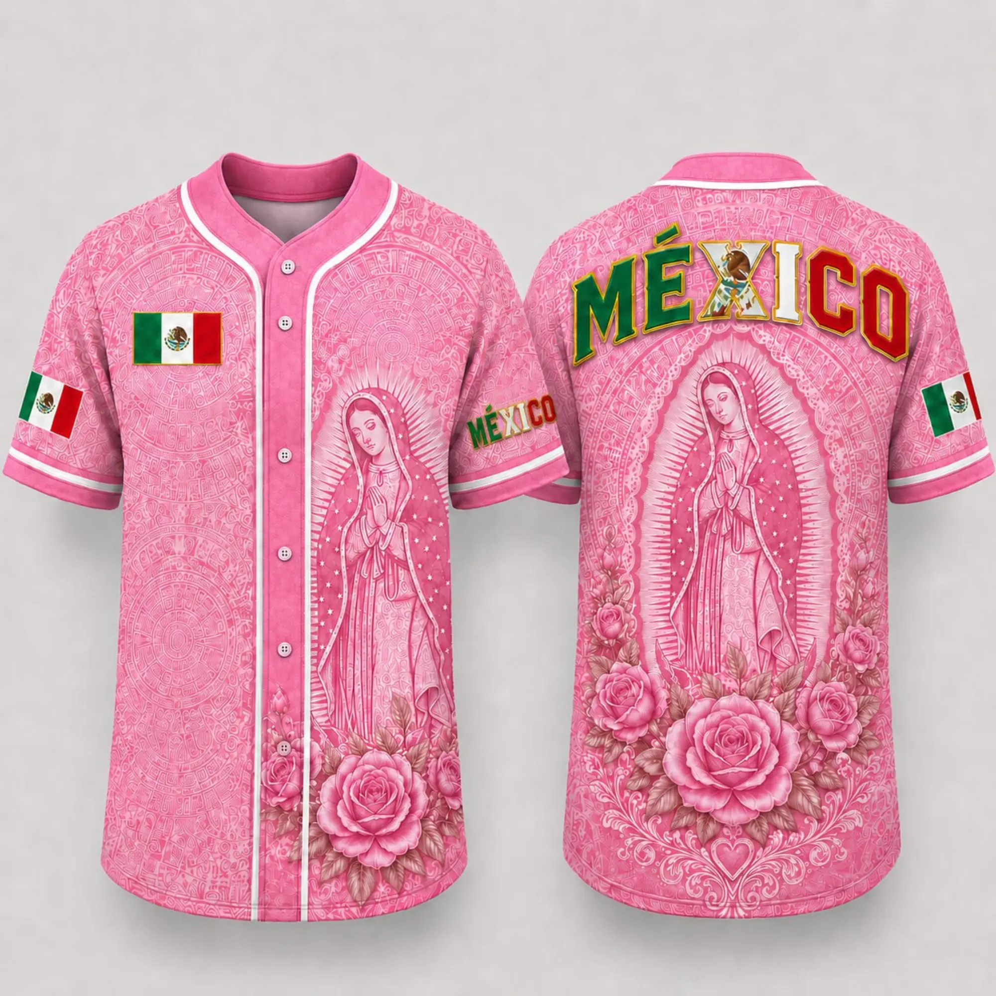 Mexico Light Pink Virgencita With Edition Iconic Jesey, Limited Authentic Mexican Flag Details Perfect For Fans, Heritage Graphic Casual Summer Clothing, Limited 3D All-Over Print Outfit button shirt men