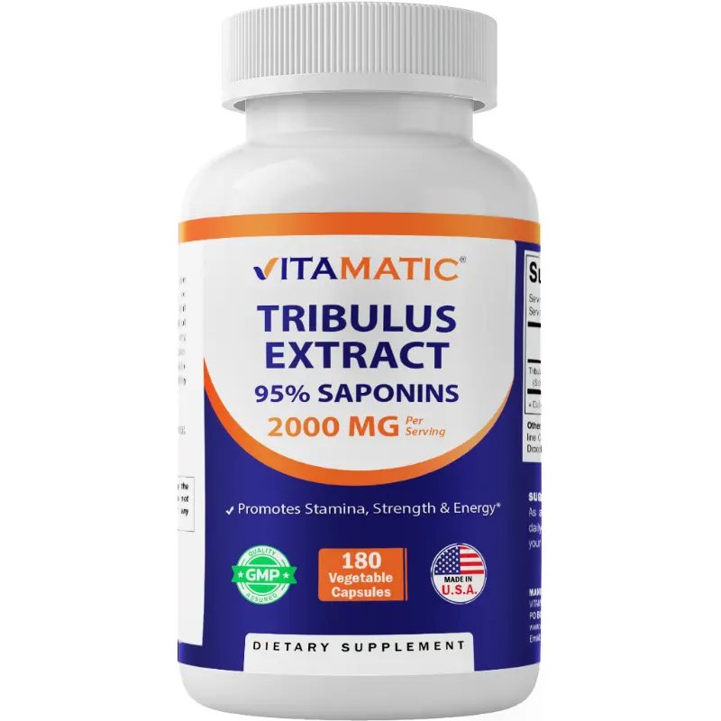 Vitamatic Tribulus Terrestris Natural Dietary Healthcare Supplement for Men - 2000 mg per Serving, 95% Saponins, 180 Vegetarian Capsules, Energy Support, Made in USA, Gluten-Free, GMO-Free, 0-Sugar