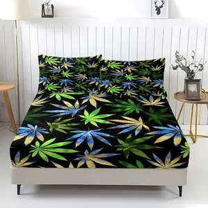 Neon Marijuana Leaf Fitted Sheet Set, 3-Piece Bedding (Including 1 Bed Sheet And 2 Pillowcases), Psychedelic Weed Leaf Design – Perfect Gift for Cannabis Culture Fans & Stoners