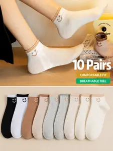 10 Pairs Smile Face Ankle Socks 10 Pairs, Cute Aesthetic Crew Socks for Women & Men, Soft Breathable Casual Socks, Everyday Fashion, Gift Socks