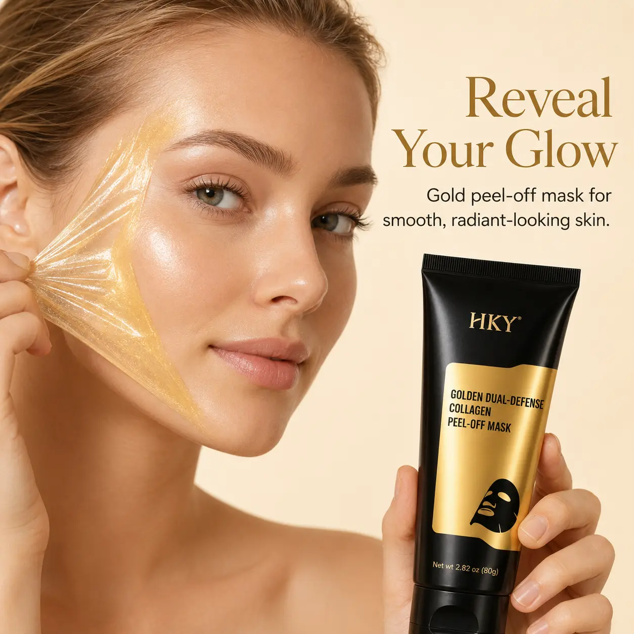 HKY Pro-Xylane & Turmeric Golden Wrap-Off Mask, Gentle Anti-Aging & Brightening Facial Treatment with Niacinamide, Includes Brush