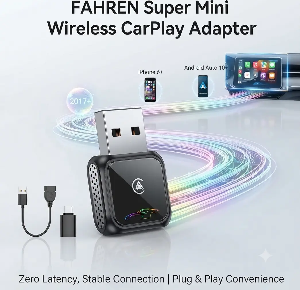 Newly Upgraded FAHREN Super Mini Wireless CarPlay Bluetooth Adapter | Zero Latency Stable Connection, Apple CarPlay for iPhone 6+, Android Auto 10+, Compatible With 2017+ Cars, USB & Type-C Dual Interface