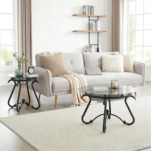 Clearance Sale 2-Piece Round Tempered Glass Coffee Table & End Table Set | Rustic Black Sturdy 2-Piece Coffee Table Set - Elegant Versatile Living Room Decor Furniture