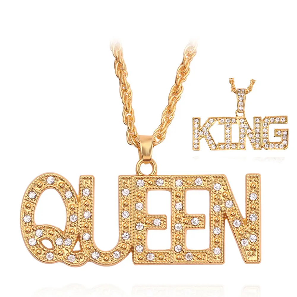 Men's Hiphop Rhinestone King-Queen Pendant Necklaces, Iced Out Cuban Link Chain Jewelry, Bling Costume Accessory Gift, Chain Jewelry Necklaces, Hiphop Necklaces