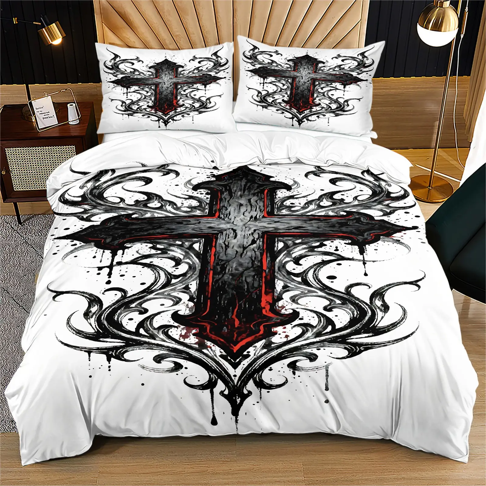 Mystic Gothic Cross Bedding Set, Artistic Tribal Cross Digital Print Duvet Cover Set, Ideal for Collectors, Teen Rooms, Bold Gothic Home Decor, Dark Gothic Sanctuary, Gothic Alternative Home, Teen Room Suitable, Complete Set, Gothic Bedding Sets