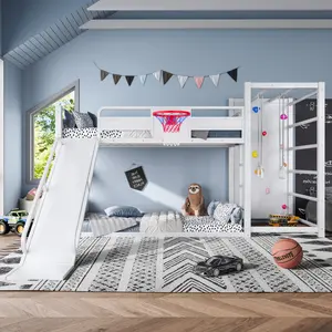 Twin size metal loft/bunk bed with basketball hoop, pull-up rings, climbing wall, and built-in bookshelves.Playful design featuring a slide,White