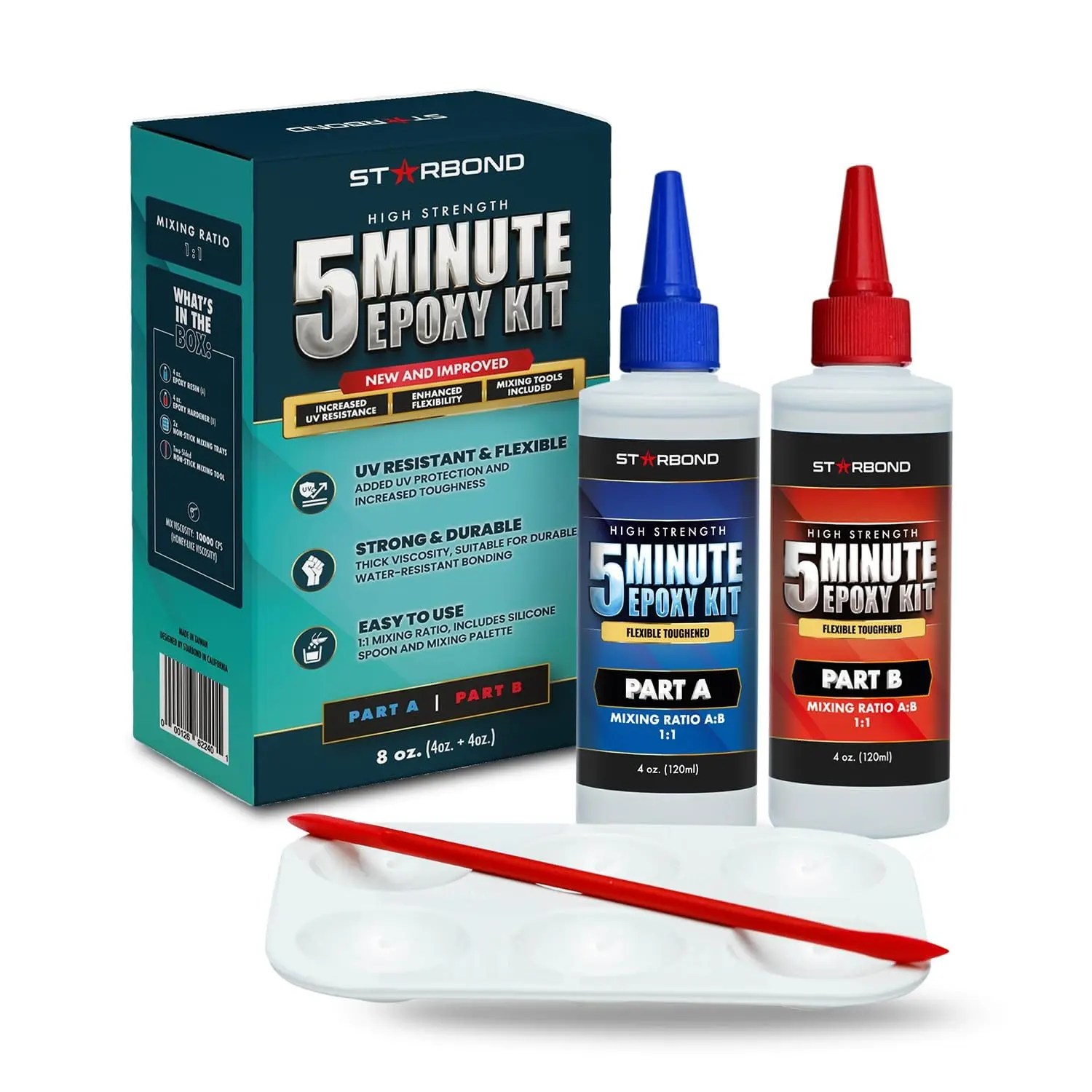 Enhanced Strength 5-Minute Epoxy Adhesive - 8 oz, 1:1 Ratio (1 Part A), 2600 lb Shear, UV-Resistant, Fast-Setting - Bonds Metal, Plastic, Wood, Ceramic, Glass - Waterproof, Heat-Resistant Multi-Purpose Glue for Crafts, Repairs, Jewelry Making