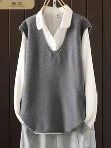 Plus Size V Neck Knitted Vest Set, Shirt Two-Piece, Embroidered Loose-Fit, Vintage Literary Style, Slimming Versatility