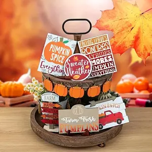 Thanksgiving Themed Wooden Sign Set, 17pcs/set Pumpkin & Maple Leaf Pattern Wooden Sign, Fall Decorations for Home Kitchen & Dining Table, Ornaments