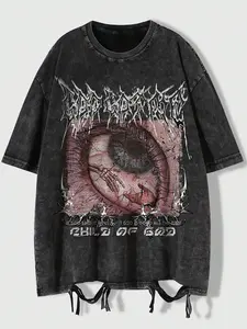 Men's Washed Snowflake Print T-Shirt, Eye Letter Pattern, Outdoor Vacation Travel Party Streetwear, Comfortable Casual Fashion