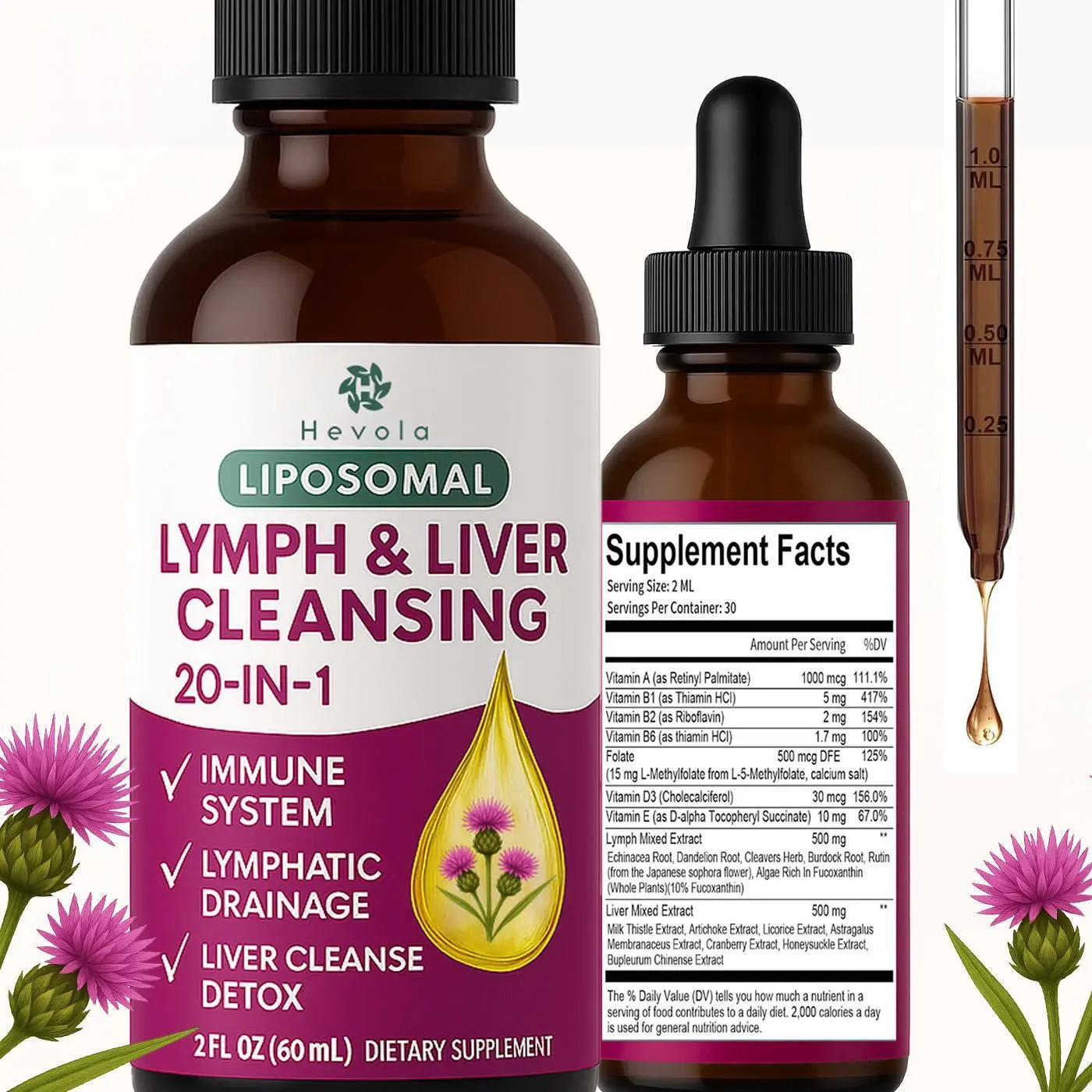 Liposomal Lymph-Liver Cleanse Detox Binder Dietary Supplement - Natural Organic Botanical Milk Thistle, Echinacea, Artichoke for Lymphatic Drainage, Liver Repair, 2 Fl.Oz with All Vitamins, Detox Binder Supplement