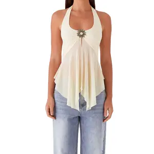 Women Sleeveless Halter Tops Summer Tie up Backless Sheer Mesh Split Shirts for Streetwear Aesthetic Grunge Clothes Casual Breathable