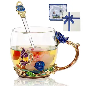 Flower Tea Cup,Butterfly Rose Clear Glass Fancy Coffee Mug with Spoon,Gift Box for Her Mom Wife Grandma Girls Women Christmas Birthday Present Idea for Juice,Hot And Cold Drinks Use