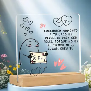 Spanish Love Phrase Acrylic Desk Sign, Romantic Couple Art with Cute Cartoon Figures, Wooden Base, Perfect Gift for Couples