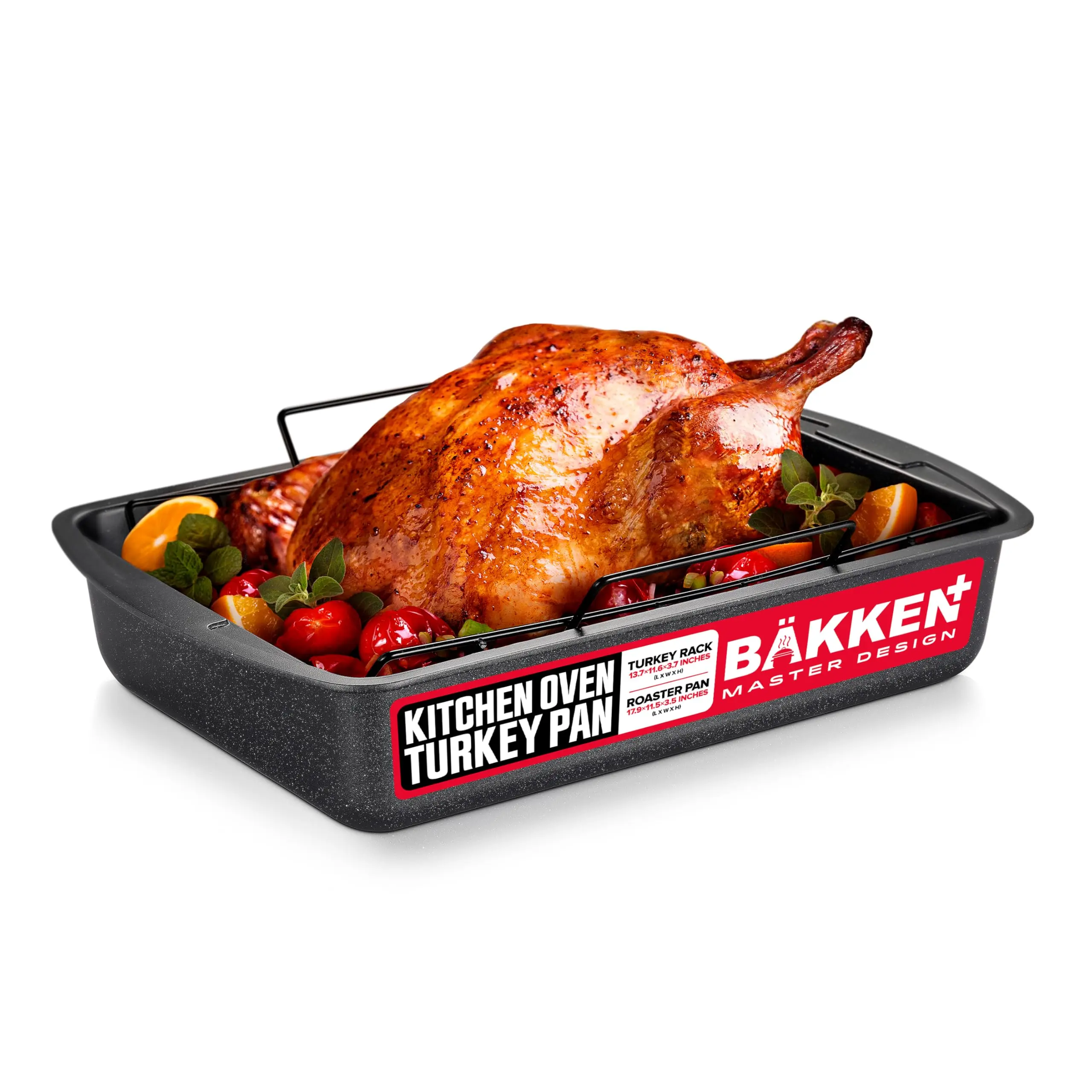 BAKKEN - Non-Stick Turkey Roasting Pan with Rack, 17 x 13 Inch, Heavy Duty Carbon Steel Large Pan, Wide Handles, Versatile for Baking, Roasting and Grilling, Oven Safe up to 450°F, Gray Marble