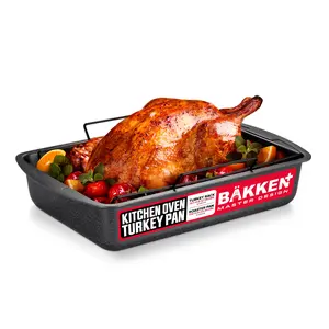 BAKKEN - Non-Stick Turkey Roasting Pan with Rack, 17 x 13 Inch, Heavy Duty Carbon Steel Large Pan, Wide Handles, Versatile for Baking, Roasting and Grilling, Oven Safe up to 450°F, Gray Marble