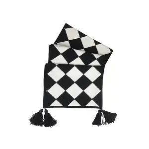 CottonLinen Black White Checkered Tassel Table Runner Long Fabric Piano Cover Coffee Tablecloth Dining Table TV Cabinet Cover