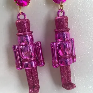 Hot pink nutcracker holiday Christmas  Xmas  glitter sparkle charm soldier earrings
