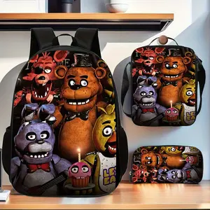 Five Nights at Freddy's Crew 3-Piece Backpack Set, Horror Game Print School Bag + Lunch Bag + Pencil Case, Oxford Cloth Adjustable Strap Daypack for Fans & Kids