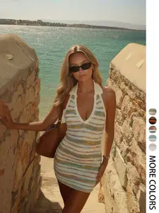 Elegant Striped Beach Vacation Dress, Sexy Knit Bodycon Sweater Dress, Spring Summer Versatile Women's Fashion