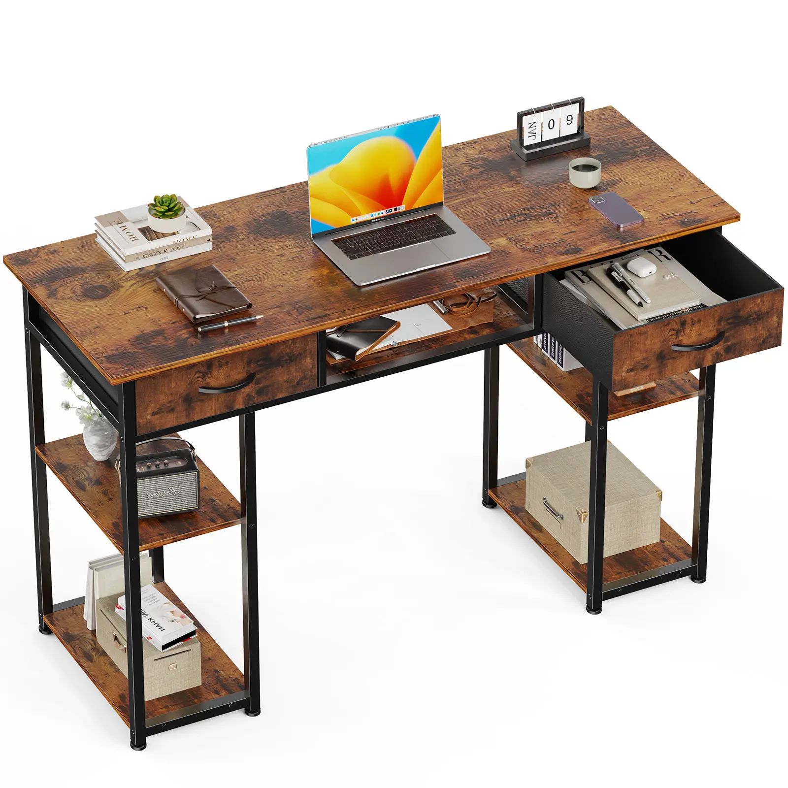Computer Desk with 2/3 Drawers 32/48 Inch Small Home Office Bedroom Writing Study PC Tabke with Storage Space Fabric Side Bag Headphone Hook Metal Frame Adjustable Feet Modern Simple Style